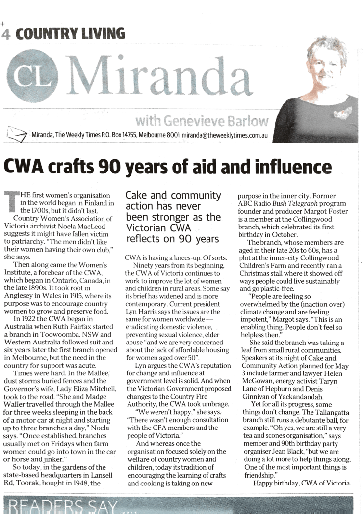 Weekly Times article April 11, 2018